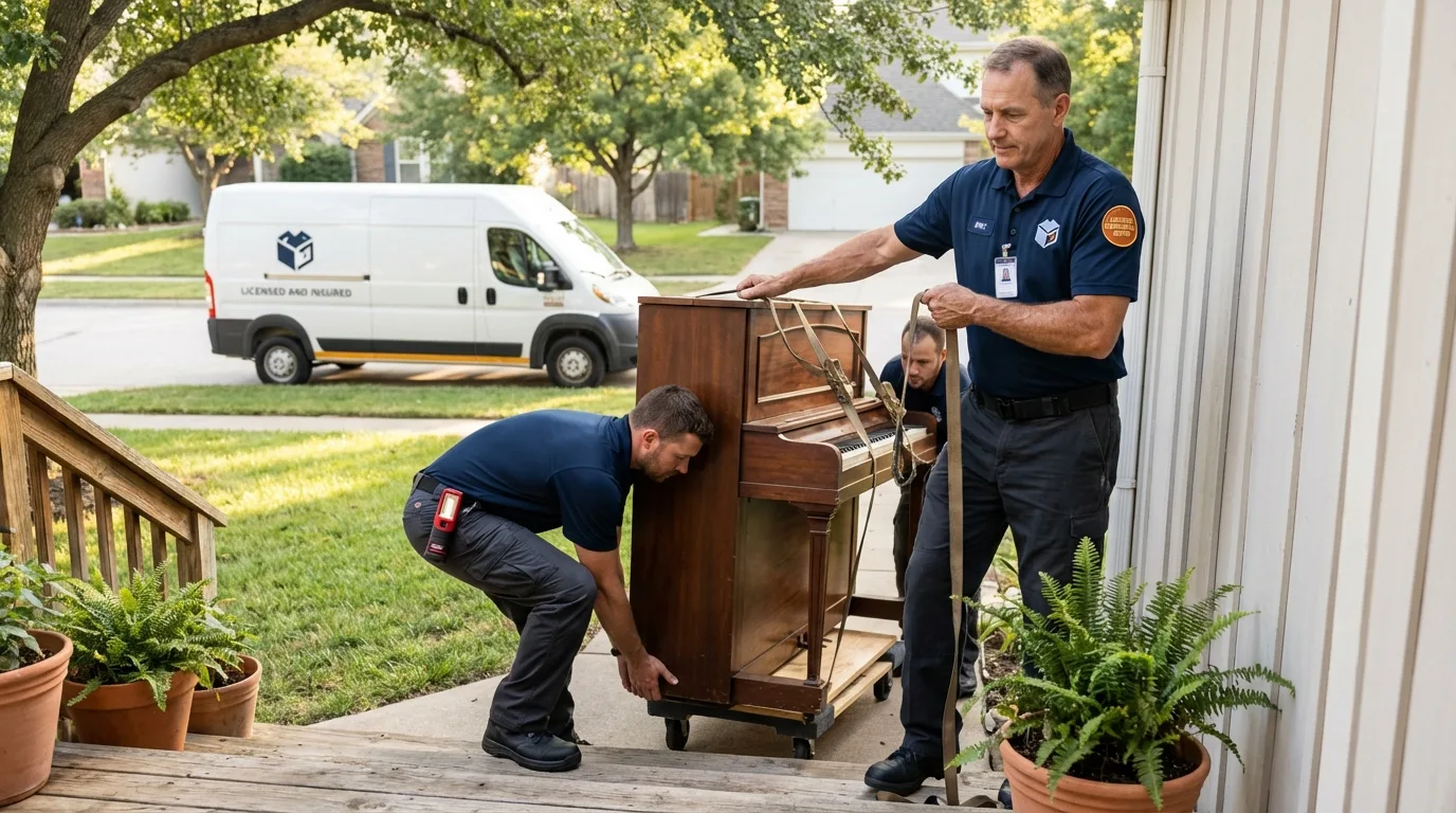 Licensed piano movers securing grand piano in Chapman, KS