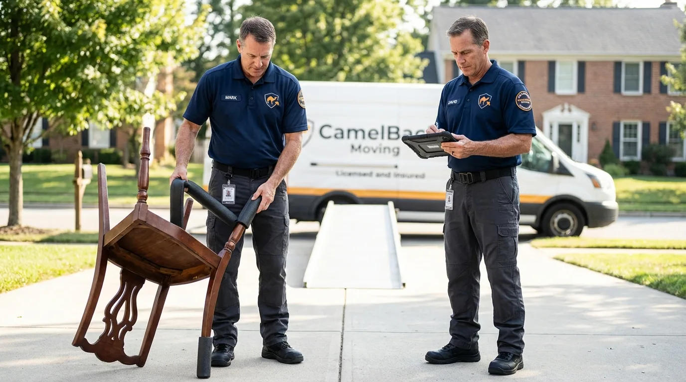 Movers inspecting furniture for damage prevention before loading in Chapman, KS