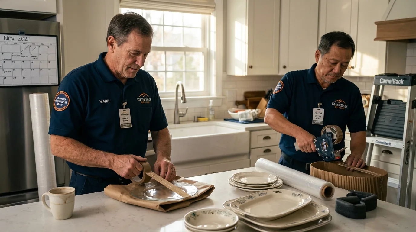 Professional crew packing kitchen dishware in Chapman, KS